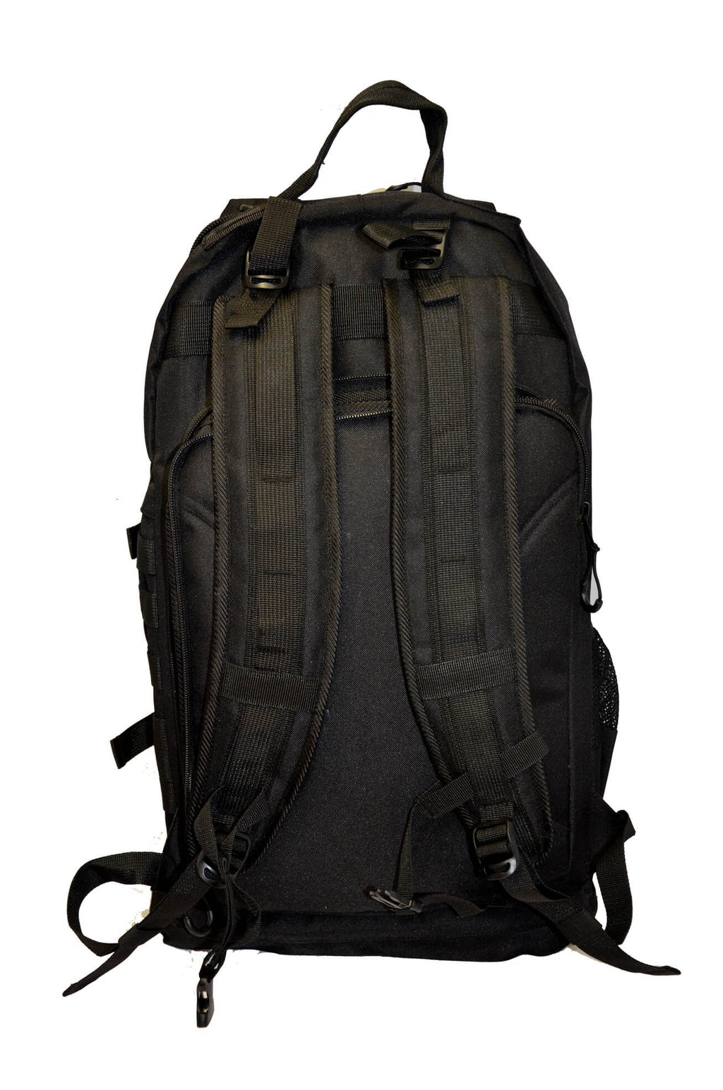 Desert tan military backpack with front utility pockets and adjustable shoulder straps