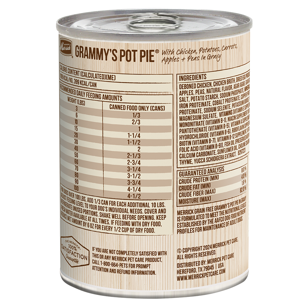 Grain-free wet dog food can back label with ingredients and feeding guide text