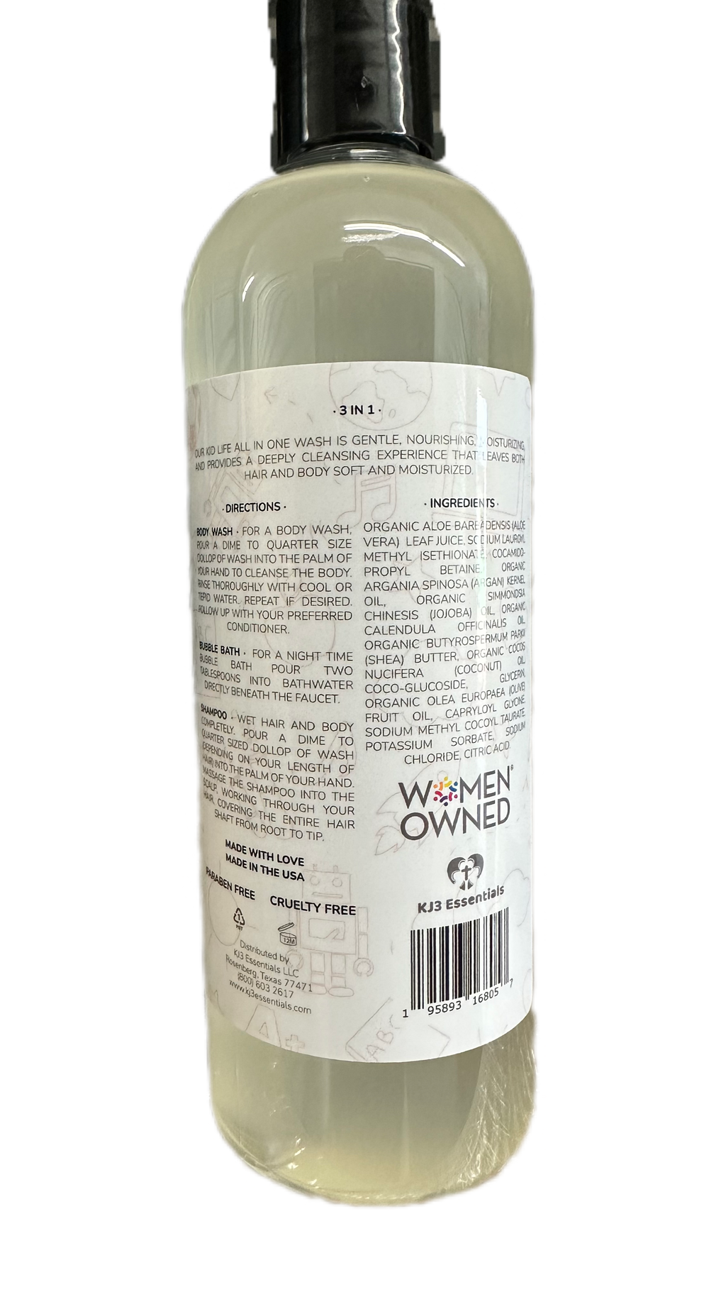 Kidlife Bath Time unscented back label bottle with ingredients and bar code