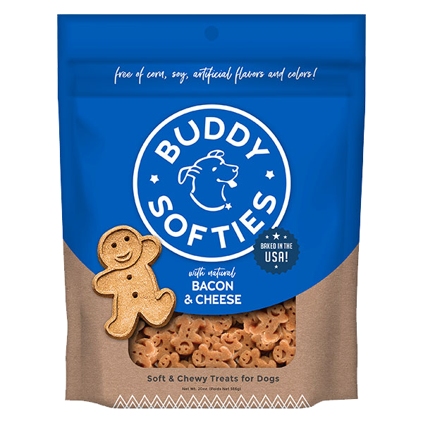 Buddy Softies bacon and cheese dog treat bag with gingerbread dog graphics