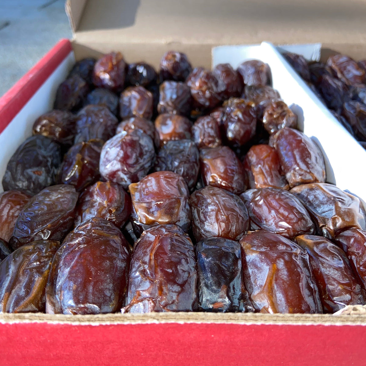 Soft Medjool dates in a white tray, close-up of dark red, wrinkled dates