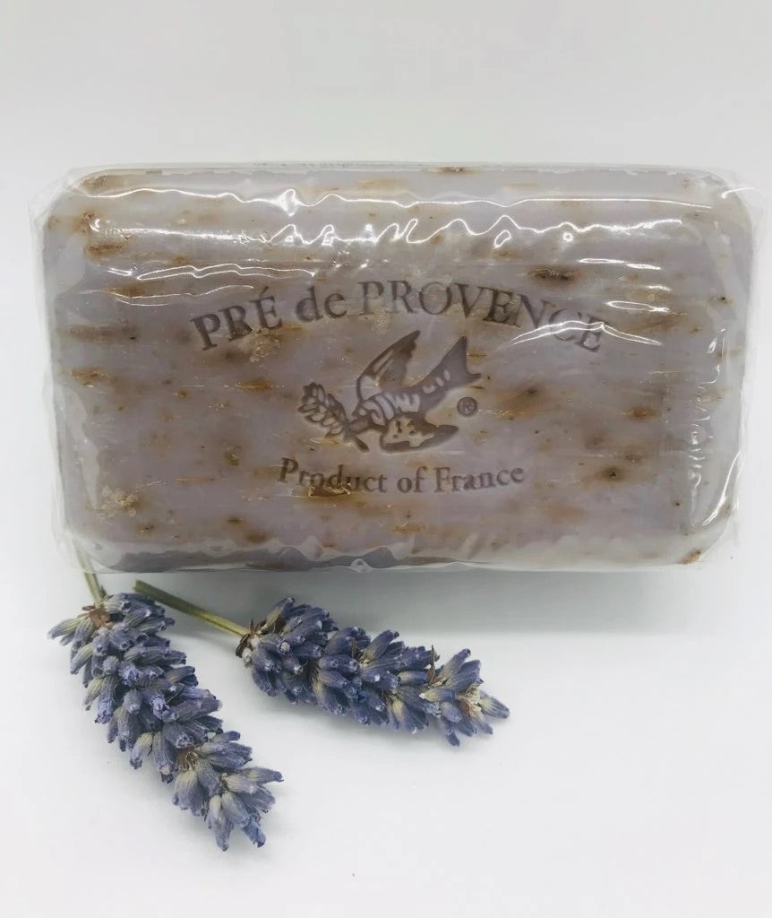Pre de Provence lavender soap bar with French label and dried lavender sprigs