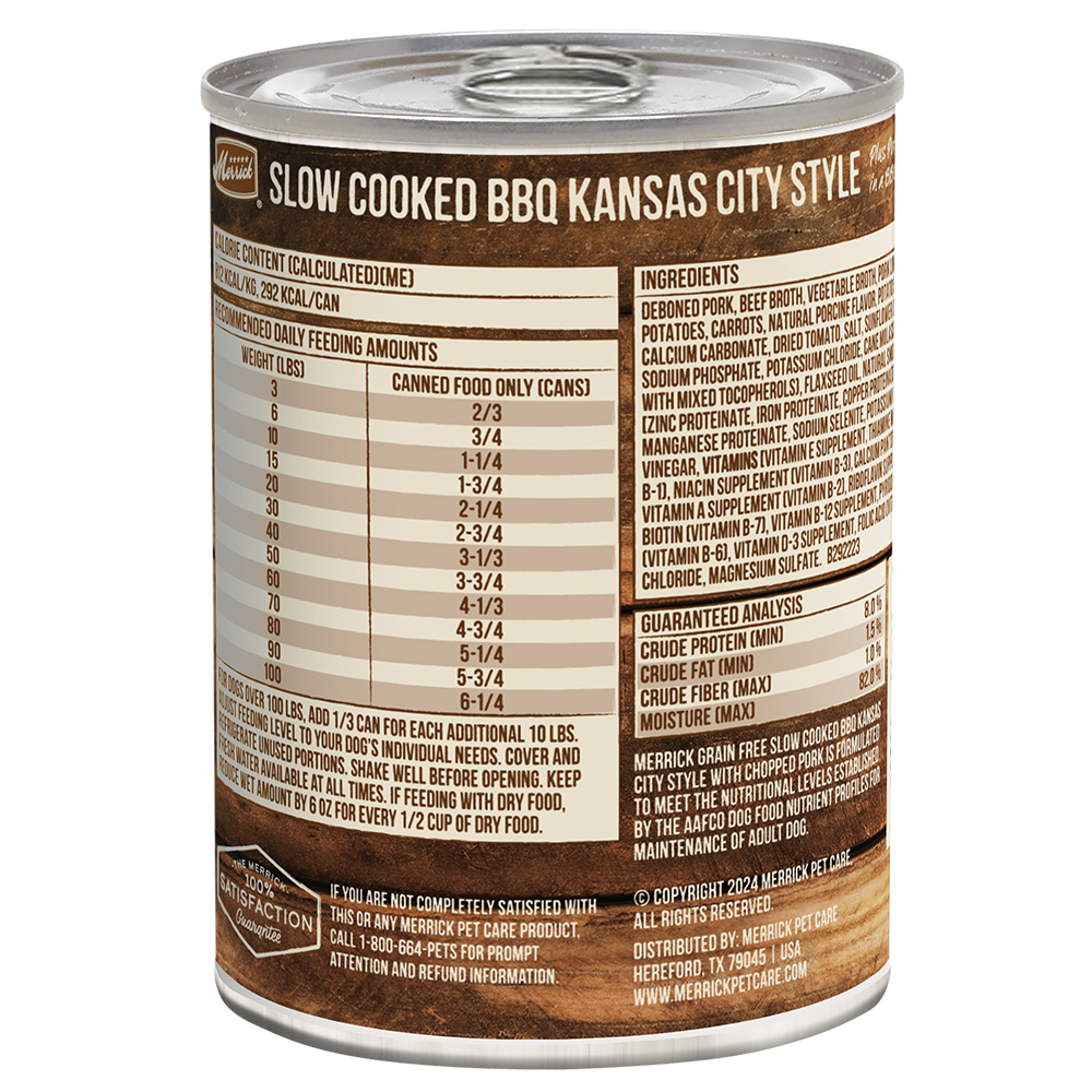 Merrick grain-free slow-cooked BBQ Kansas City wet dog food can, back label with ingredients