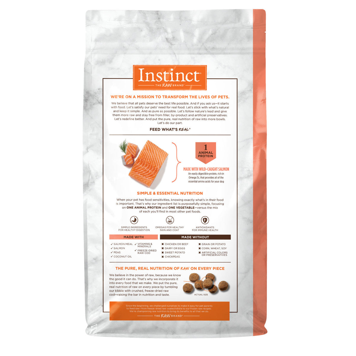 Instinct dry dog food bag back panel with feeding directions and ingredient list
