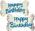 Bone-shaped Happy Birthday dog decoration with blue lettering and speckled border