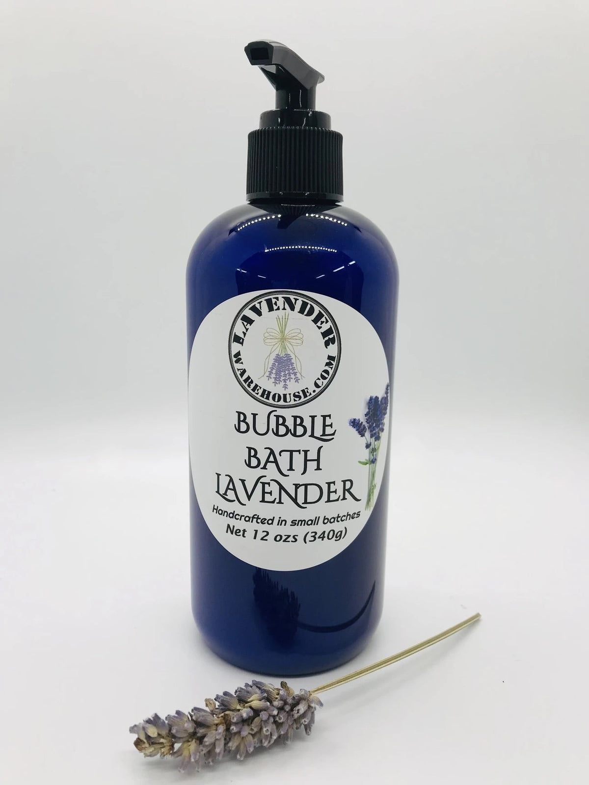 Lavender bubble bath pump bottle, blue with round Lavender House label