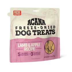 Freeze-dried lamb and apple dog treats pouch with ACANA branding, front view