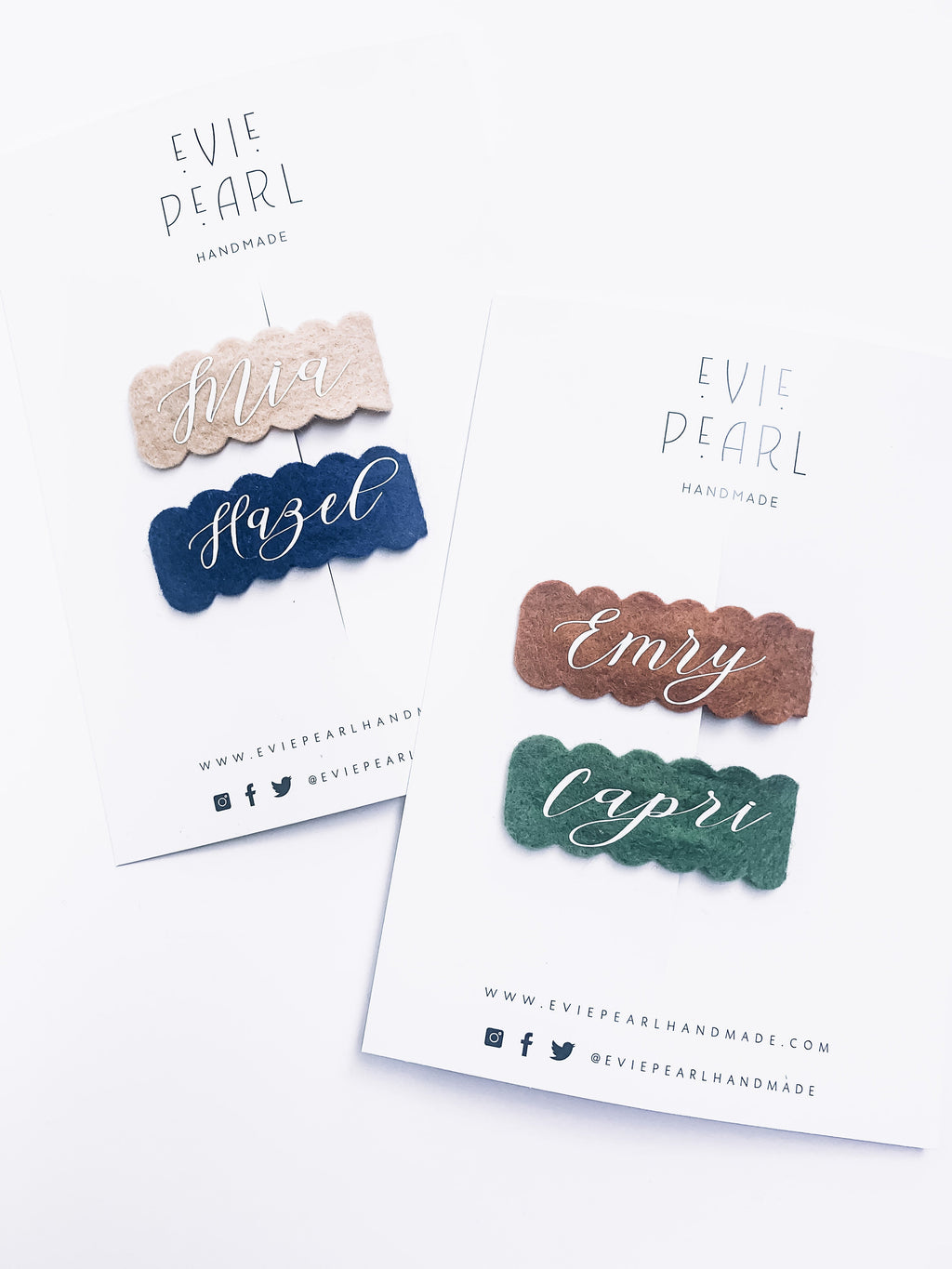 Felt snap clips on cards showing names Hazel, Enry, and Capri