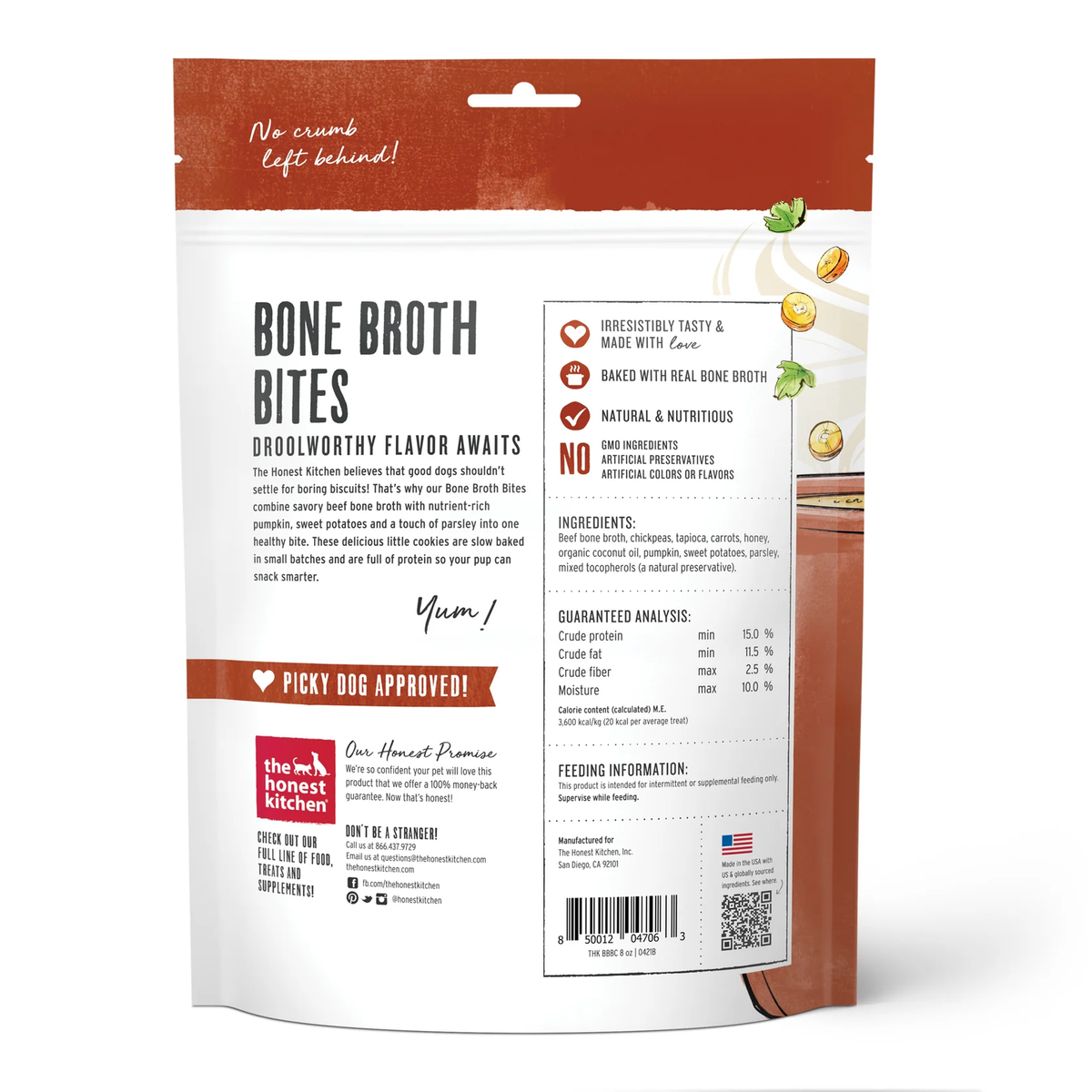 Back of dog treat pouch showing ingredients and feeding information panel