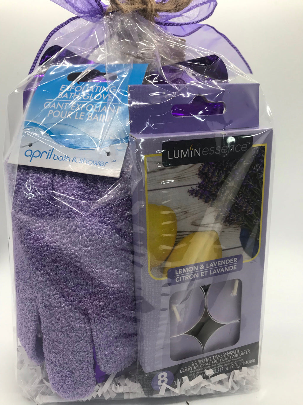 Lavender bath gift set with purple bath sponge and LuminEssence soap/shower box