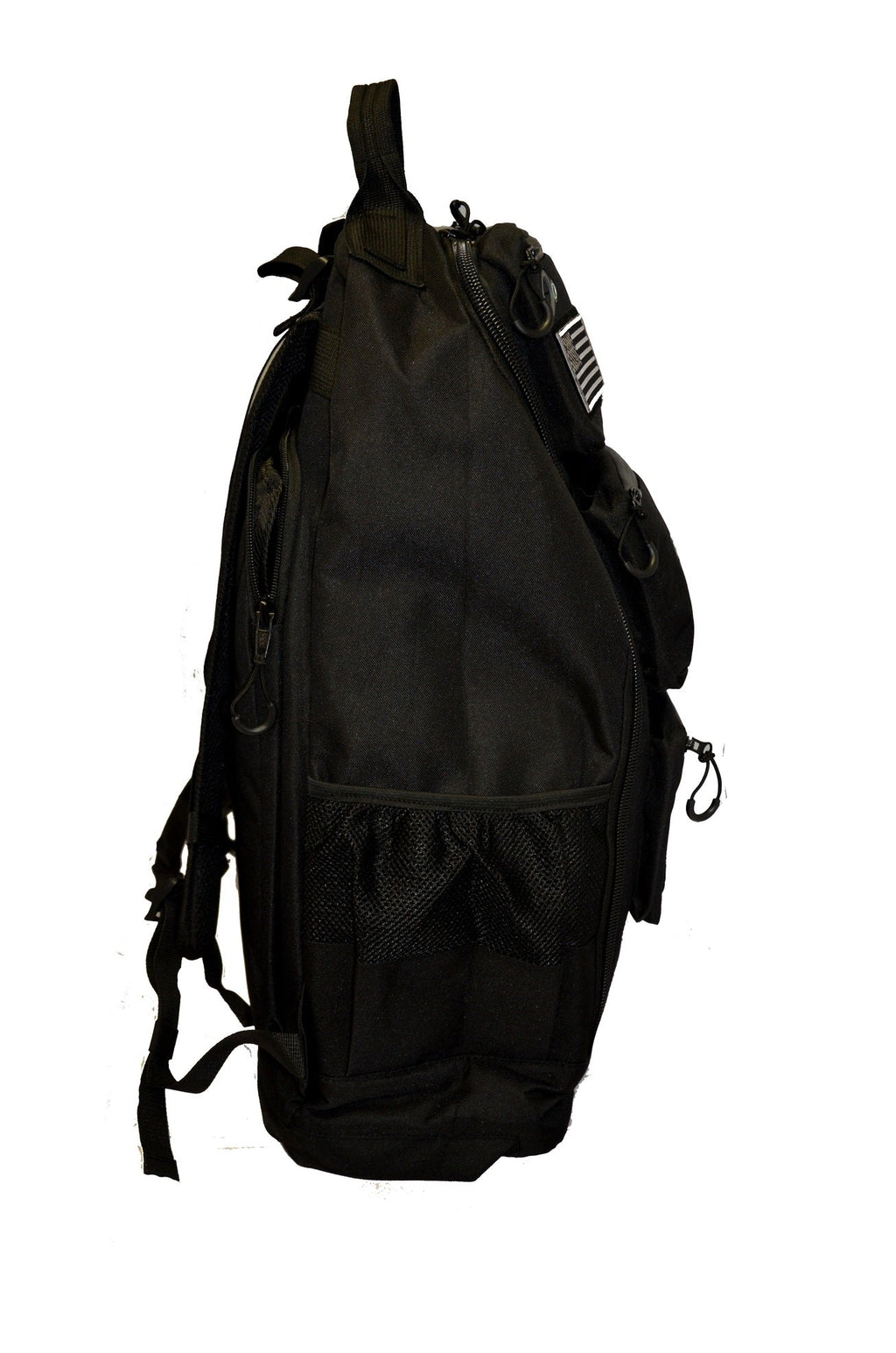 Black military backpack with side mesh pocket and multiple front compartments