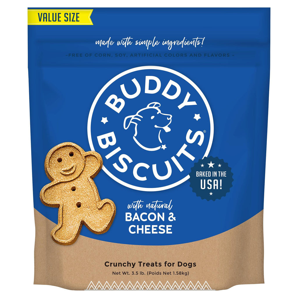 Buddy Biscuits crunchy bacon & cheese dog treats bag, value size, baked in USA