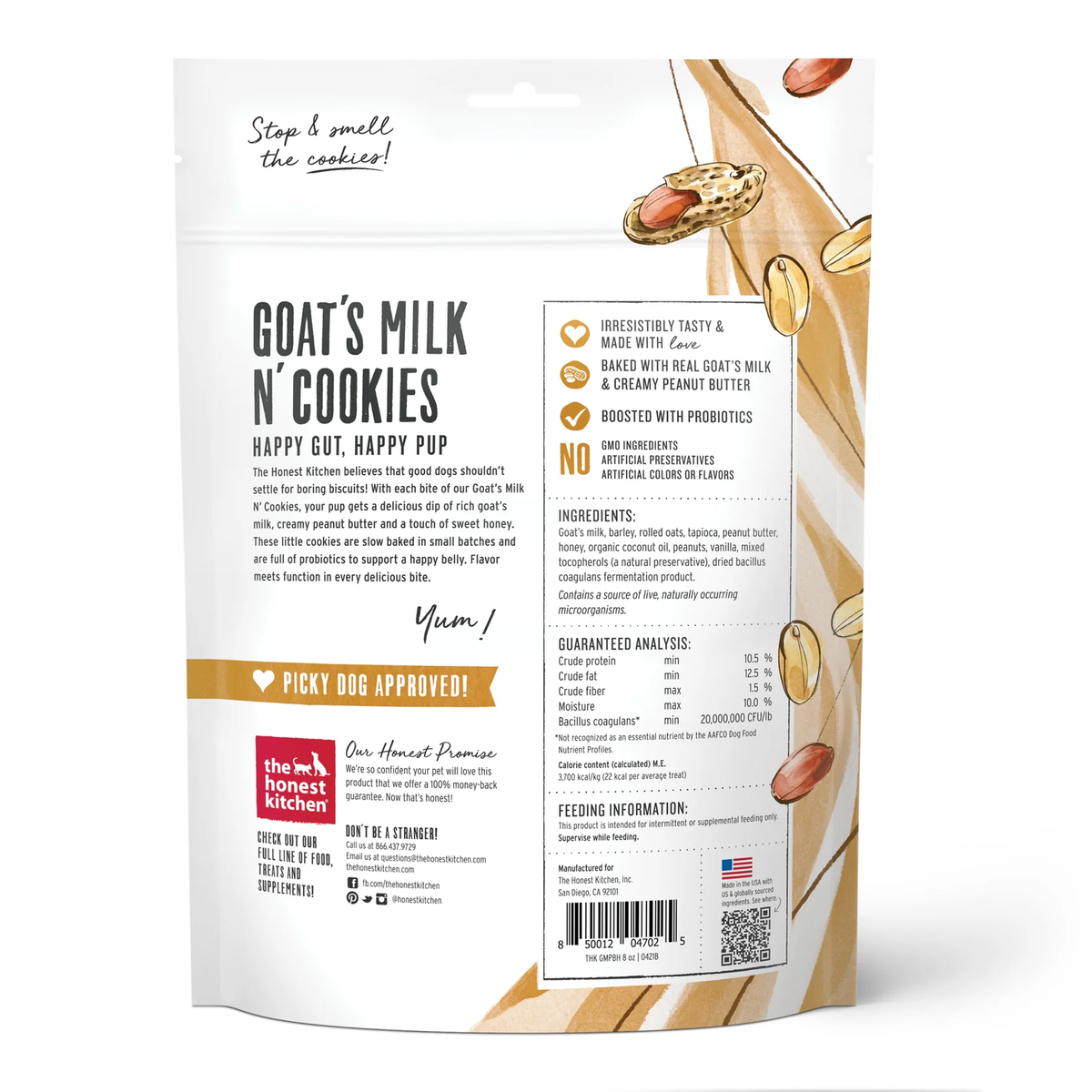 Dog treats pouch back panel with ingredients, nutrition facts, and barcode
