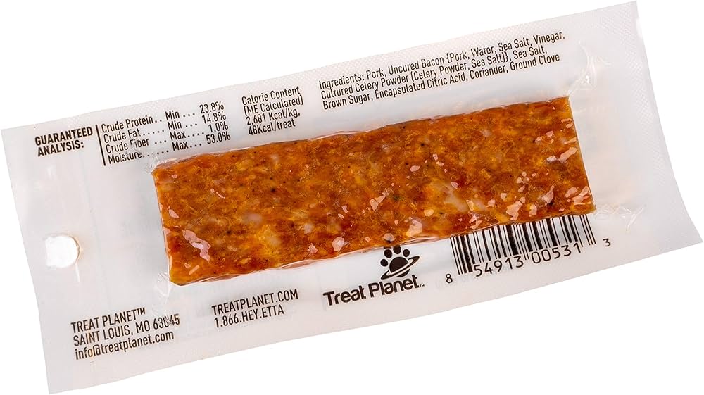 Wrapped pork and bacon dog treat bar with ingredient label on back