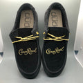 Black Crown Royal slip-on loafers with gold braided cord and logo