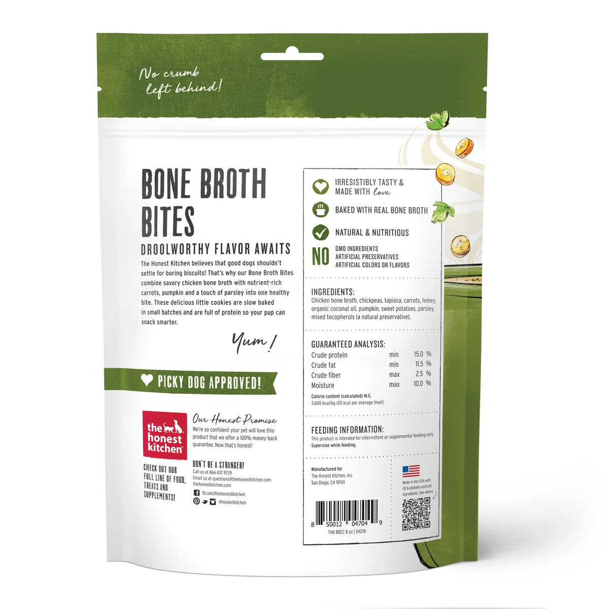 Honest Kitchen Bone Broth Bites dog treat bag, back panel with ingredients and feeding info