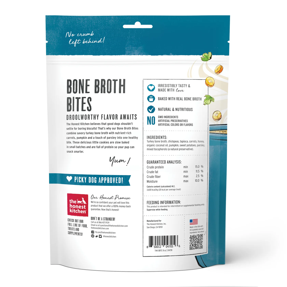 The Honest Kitchen bone broth bites dog treats bag, back with ingredients panel