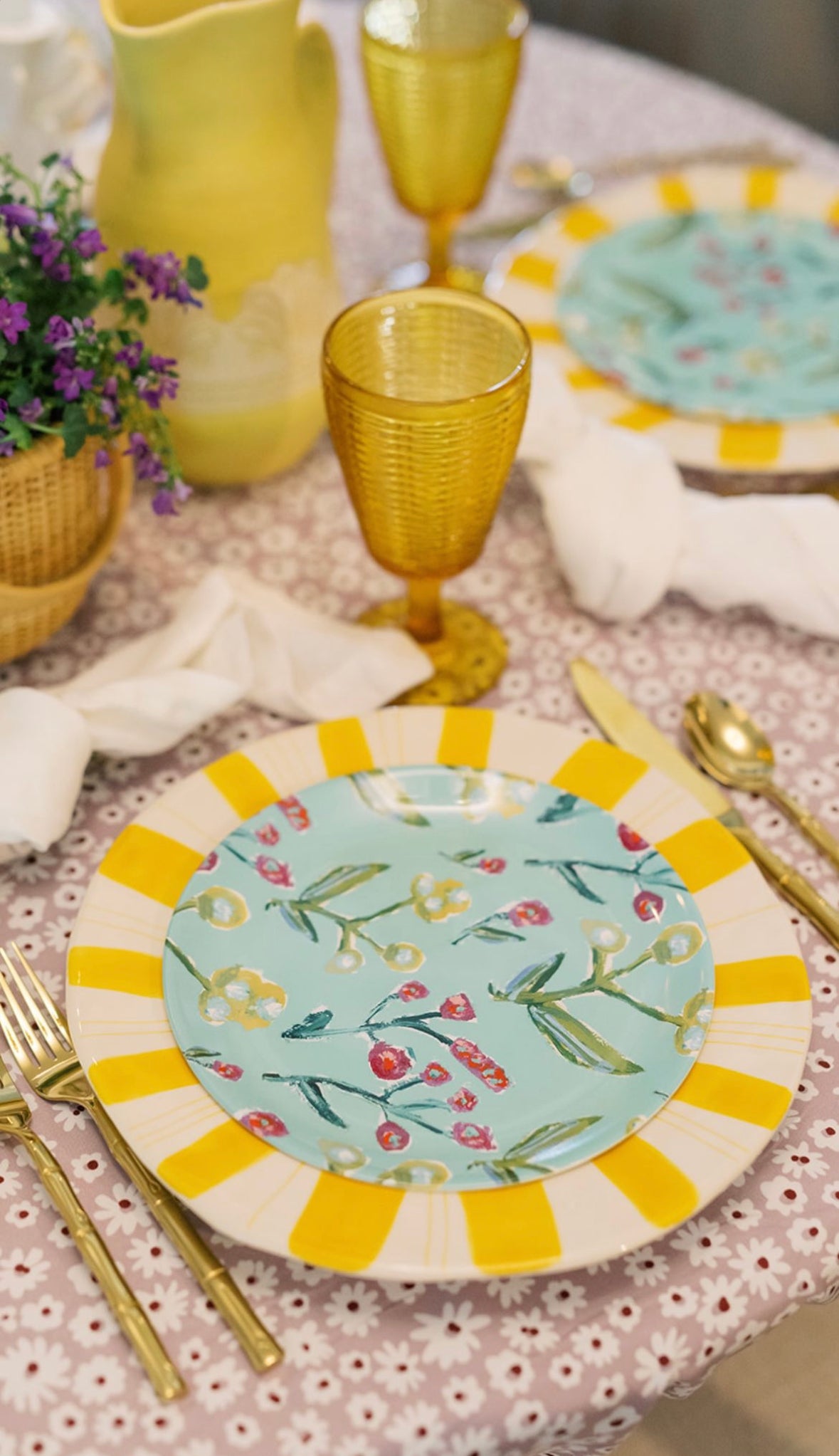 Botanical china plate with yellow striped rim, mint center with red and green leaves