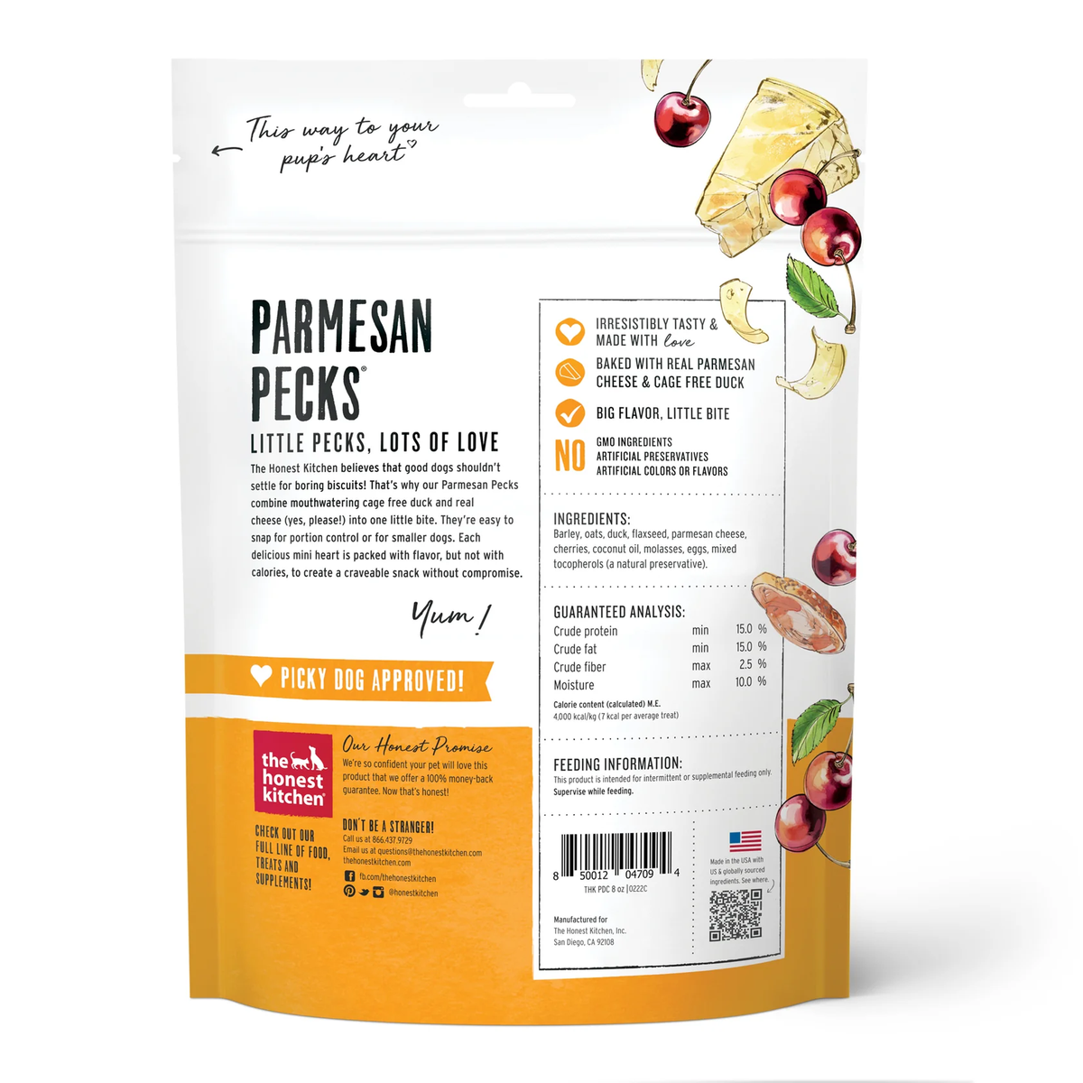 Dog treat pouch back with feeding info and ingredient panel; duck, cherry, cheese graphics
