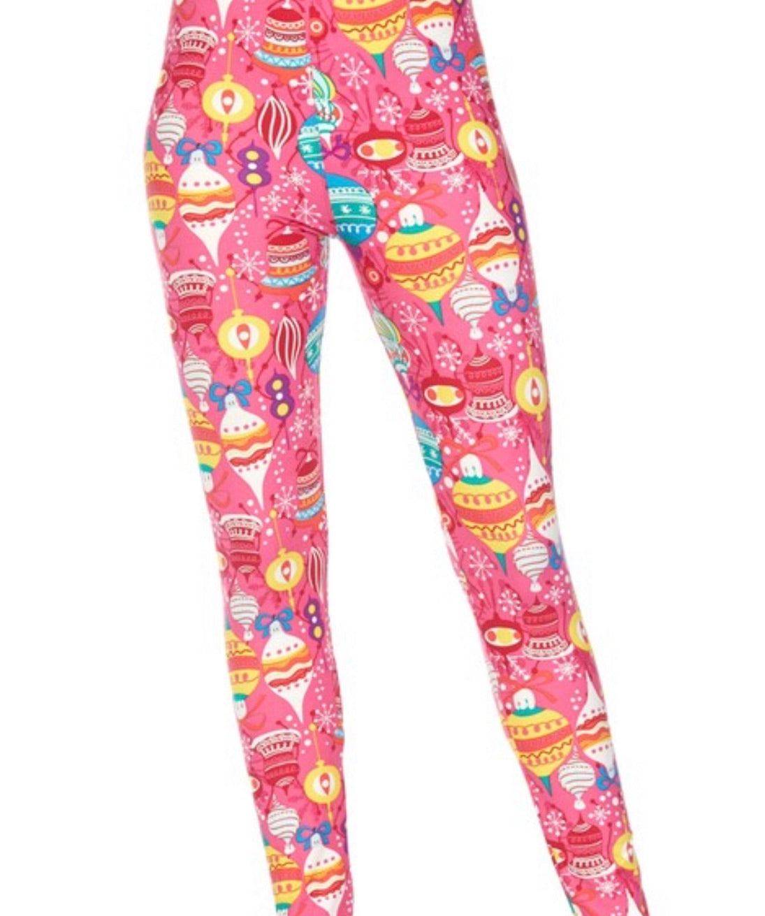 Plus size brushed ankle leggings with pink Christmas ornament print