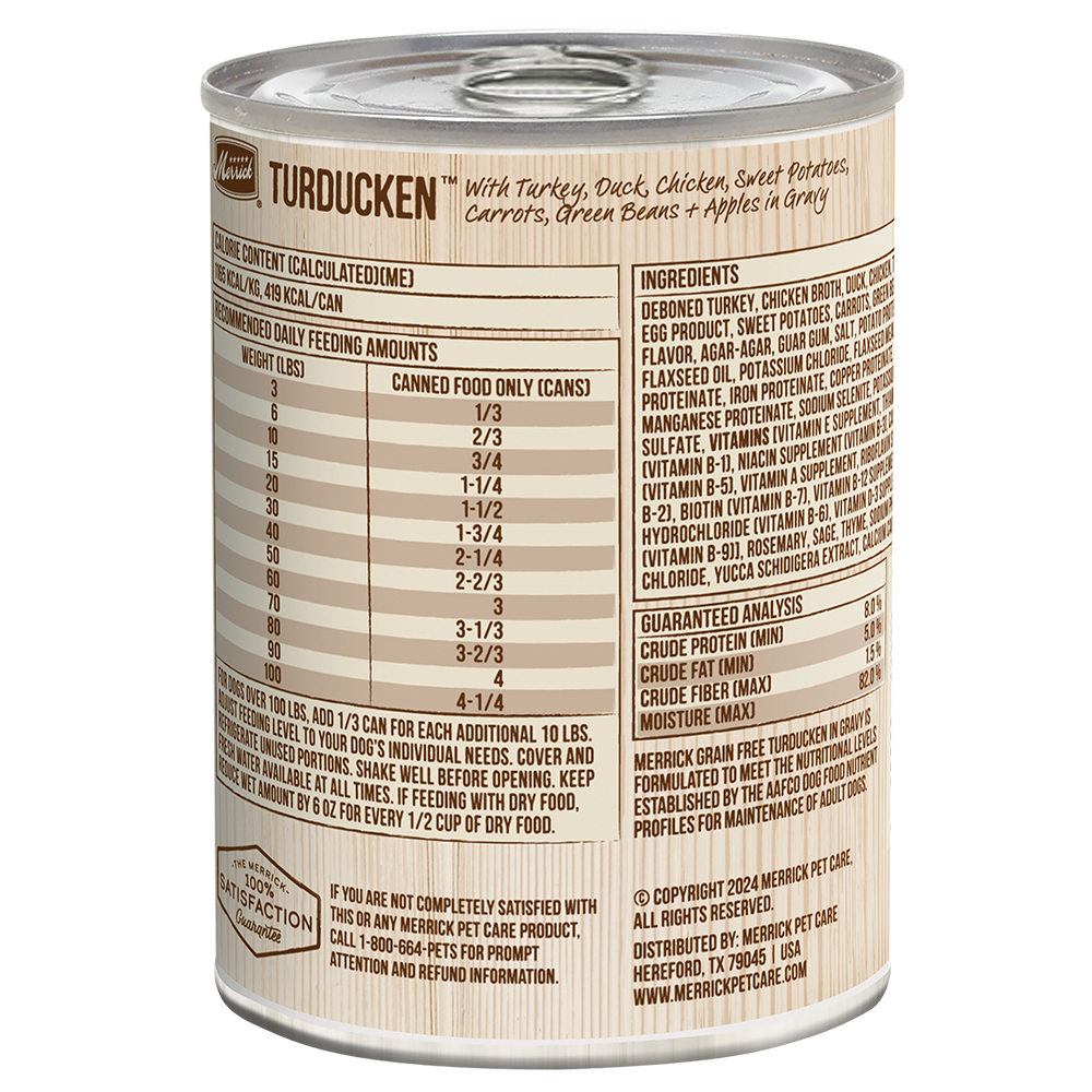 Merrick Turducken grain-free wet dog food can back label with ingredients and feeding guide
