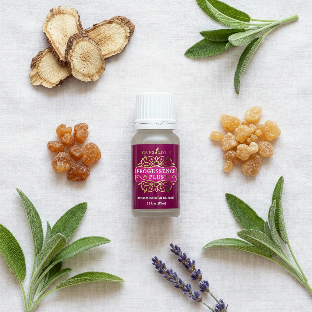 Young Living ProGessence Plus essential oil blend bottle, 15ml, top-down view