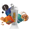 White protein shaker bottle with Orion logo and assorted flavor sample packets