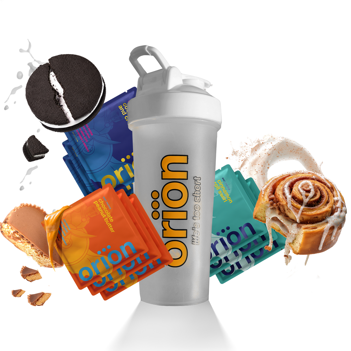 White protein shaker bottle with Orion logo and assorted flavor sample packets