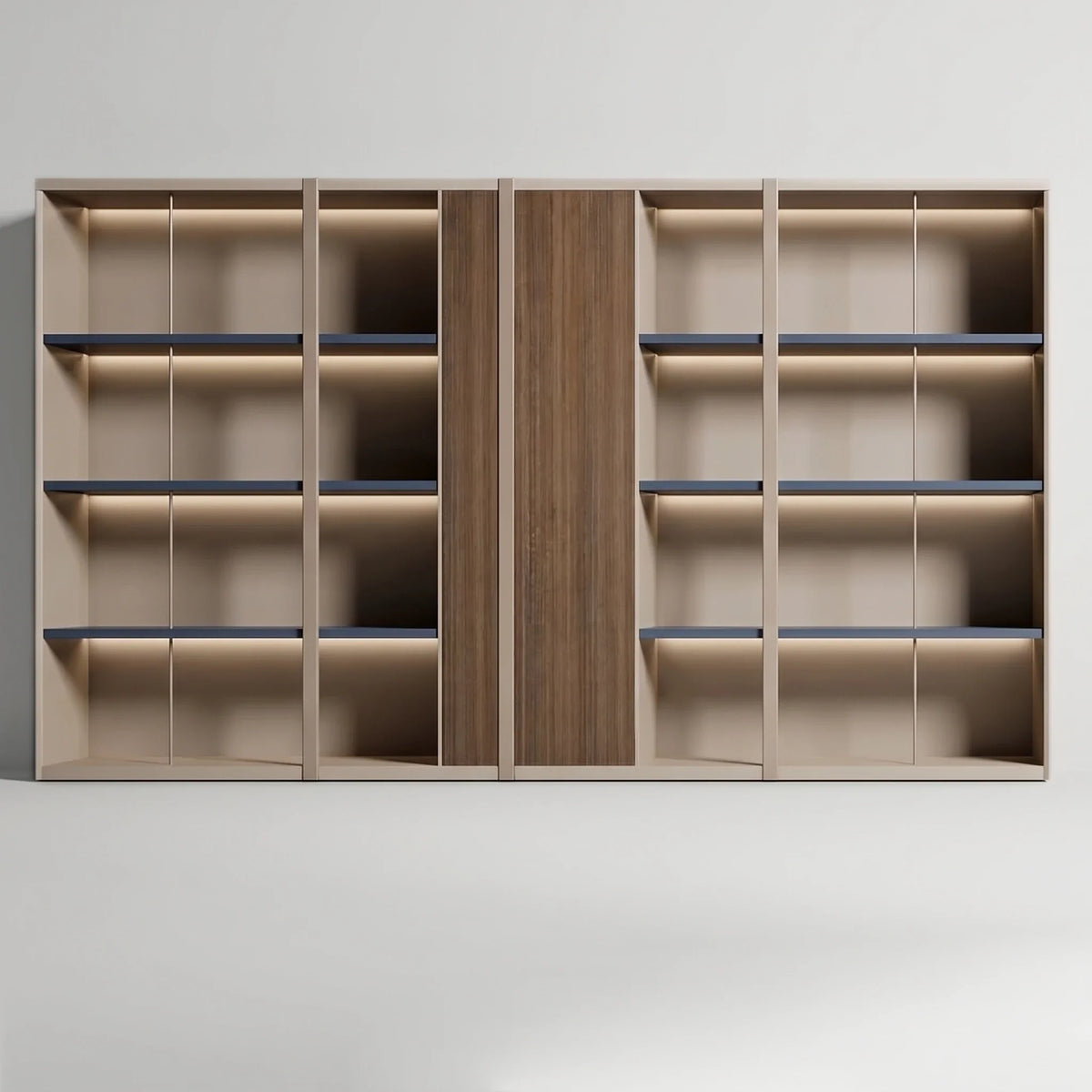 Beige and oak brown shelving unit with LED horizontal shelves and central divider