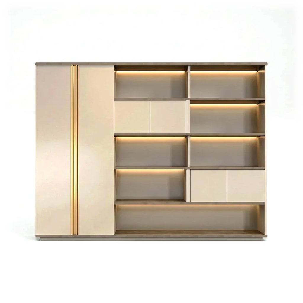 Walnut veneer office shelving unit with built-in LED lighting and open storage