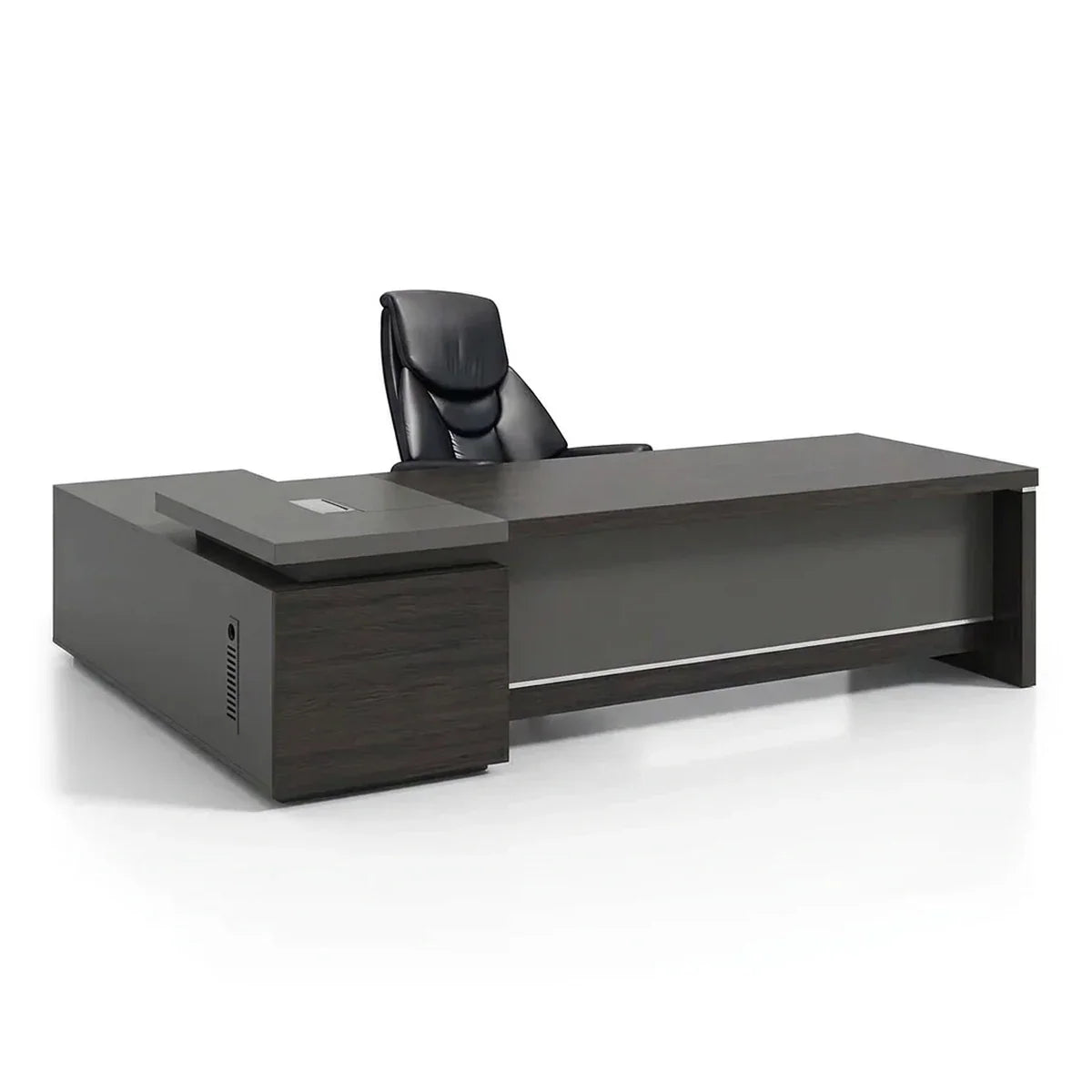 L-shaped executive desk with return and front storage, dark wood and black