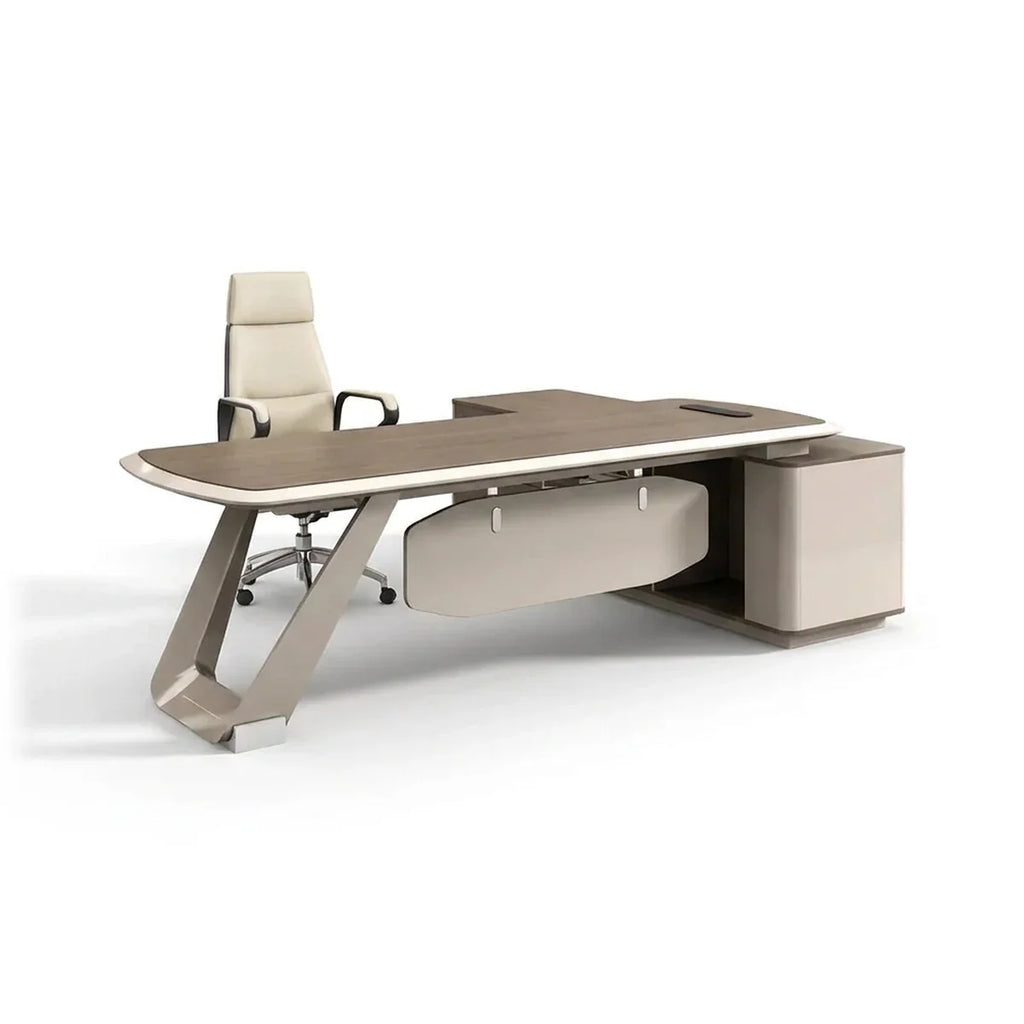 Walnut-tone L-shaped executive desk with curved edge and integrated storage pedestal