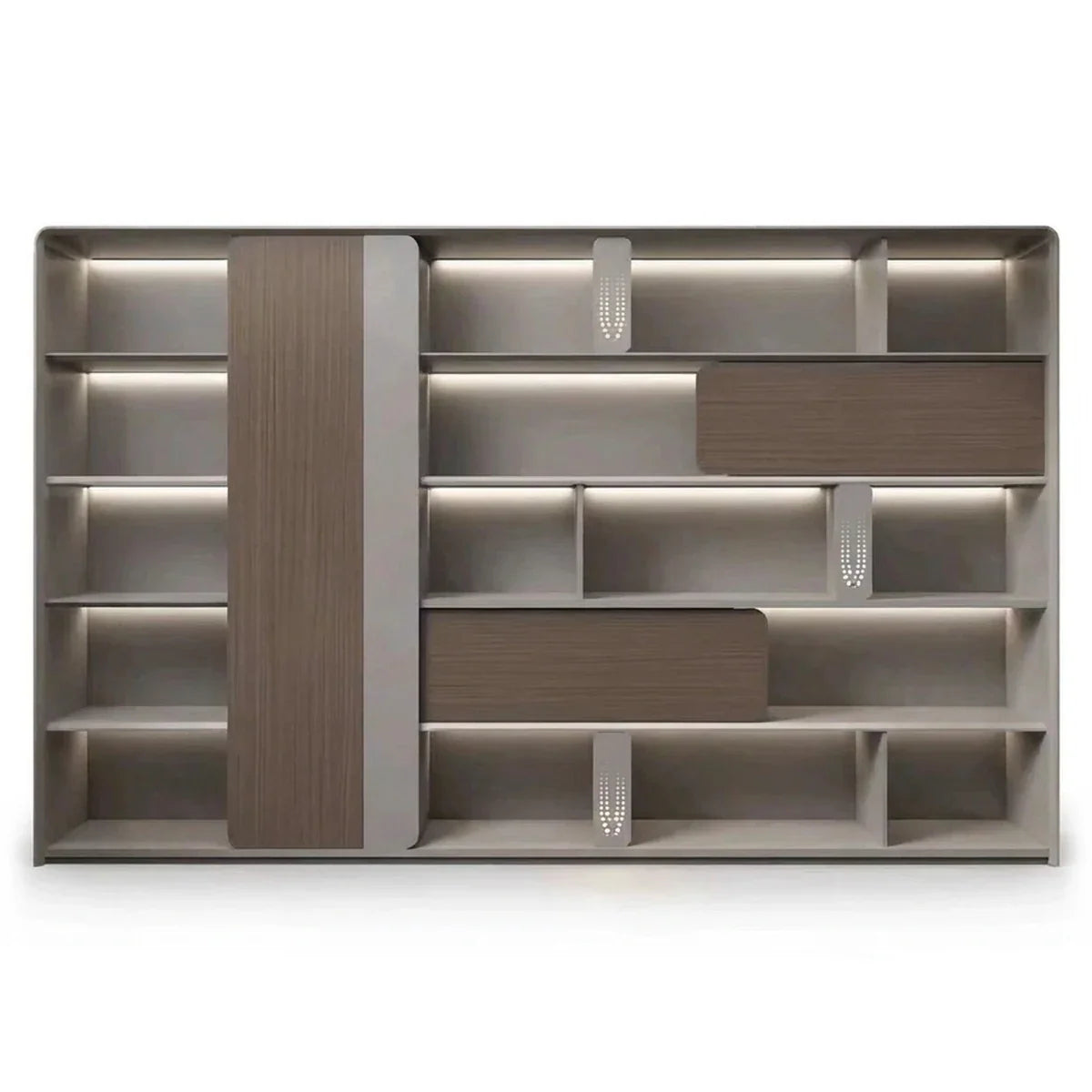 Office shelving cabinet with LED backlights, brown and gray storage compartments
