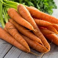 Carrot roots, long smooth orange heirloom style, bundle on tabletop.