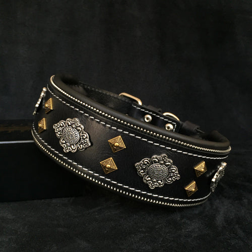 Black dog collar with Aztec-style metal studs and medallion charms