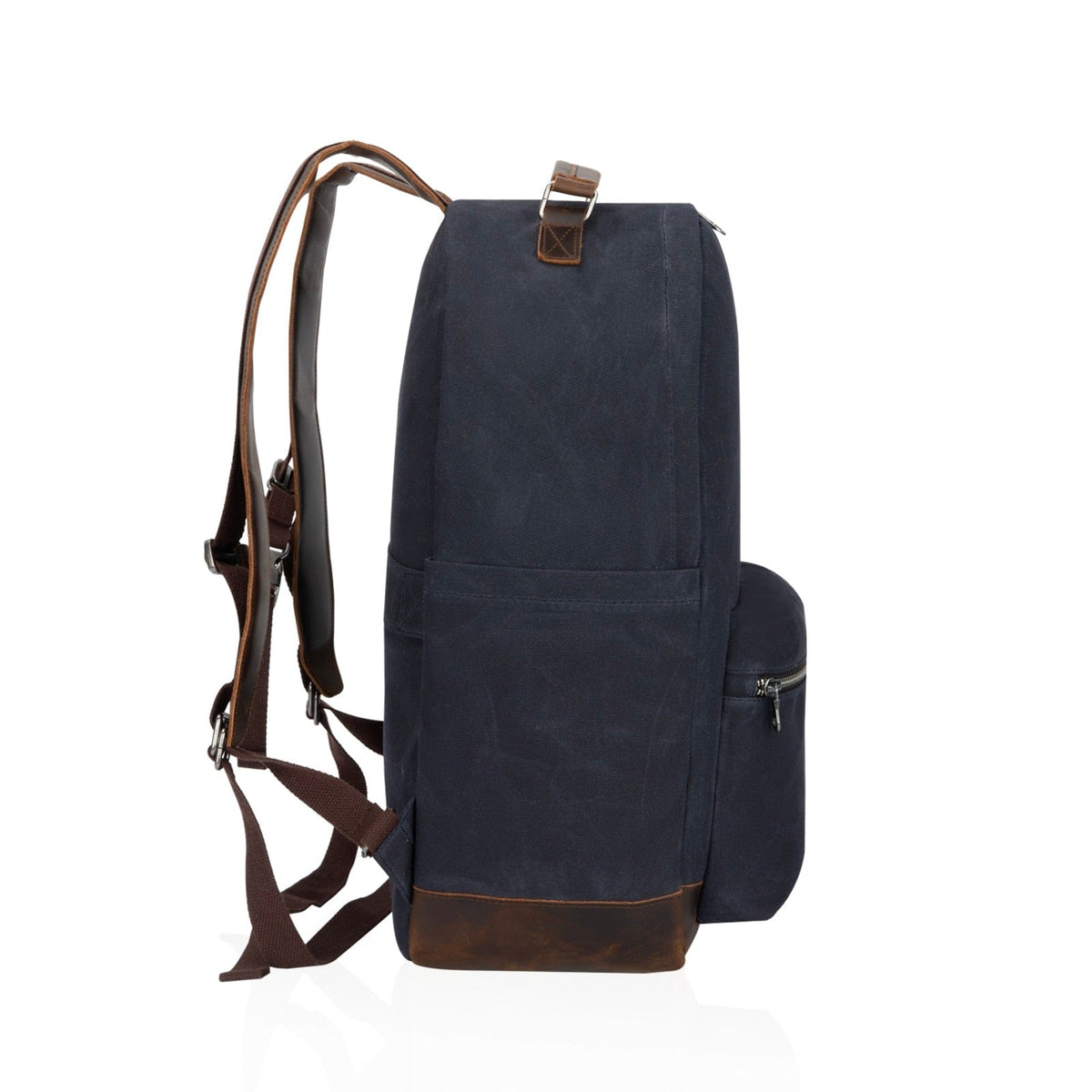 Navy canvas backpack with brown leather straps and front zip pocket