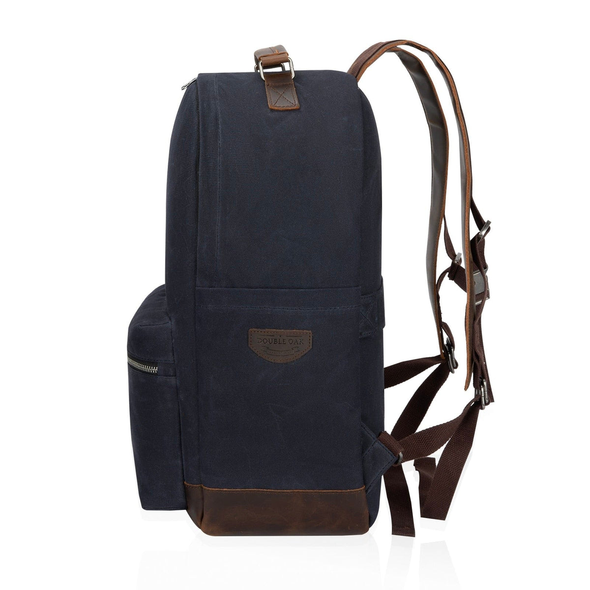 Navy canvas backpack with top handle, front flap pocket, and crossbody strap