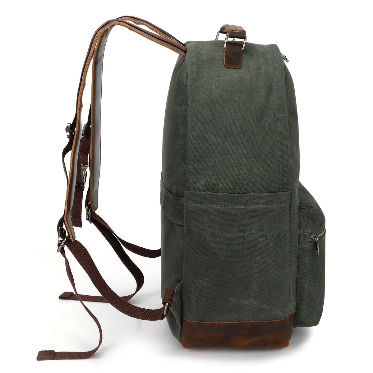 Dark green backpack with adjustable webbing straps, top handle, and side pocket