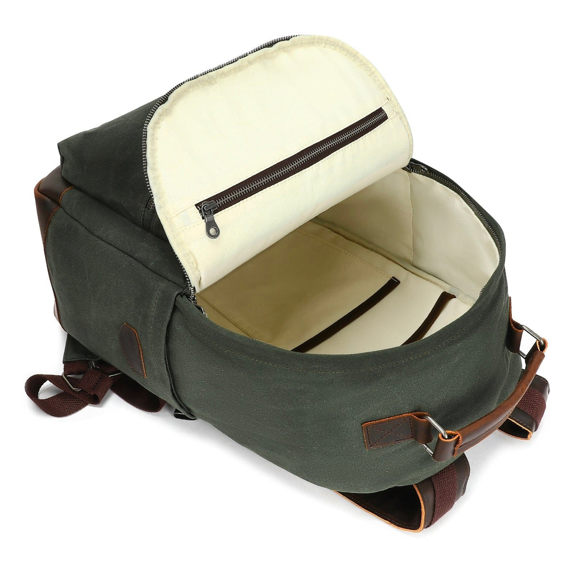 Dark green backpack with open top showing cream lining and zip pocket