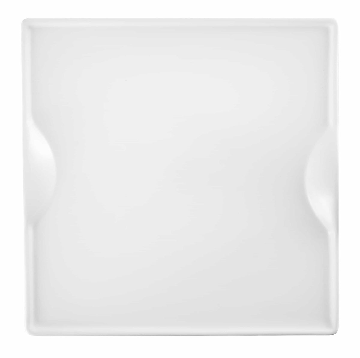 Square white porcelain plate with clean rim and rounded corners