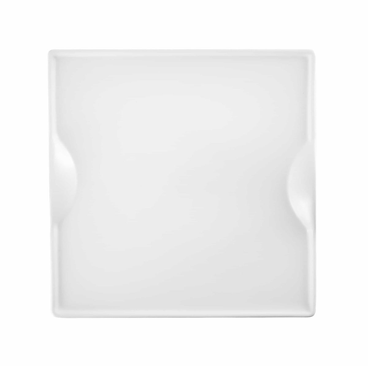 White square porcelain dinner plate with raised corner relief