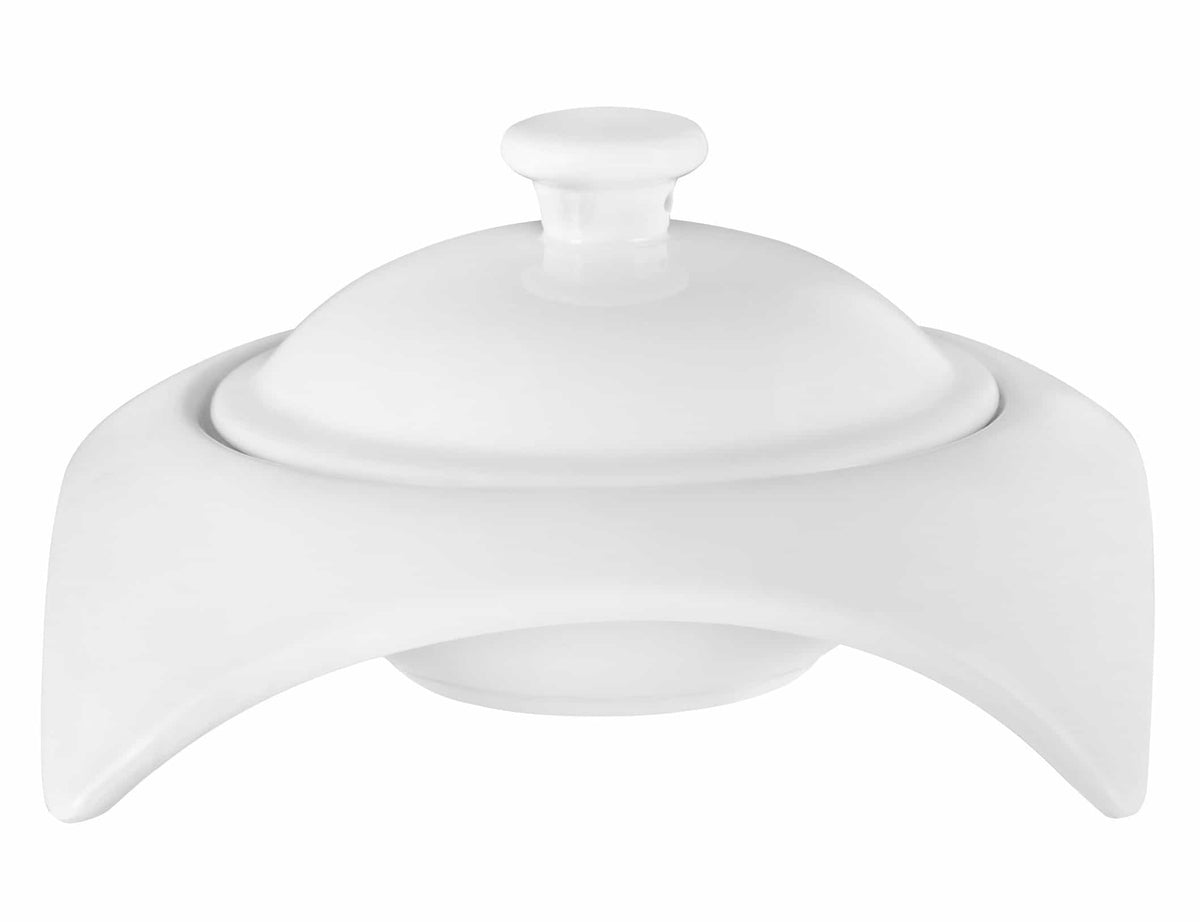 White porcelain covered serving dish with dome lid and curved base