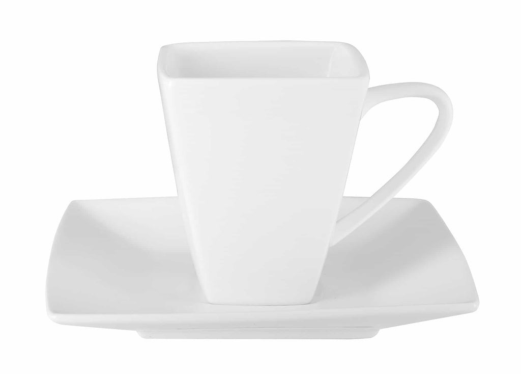 White porcelain mug with handle and matching square saucer plate