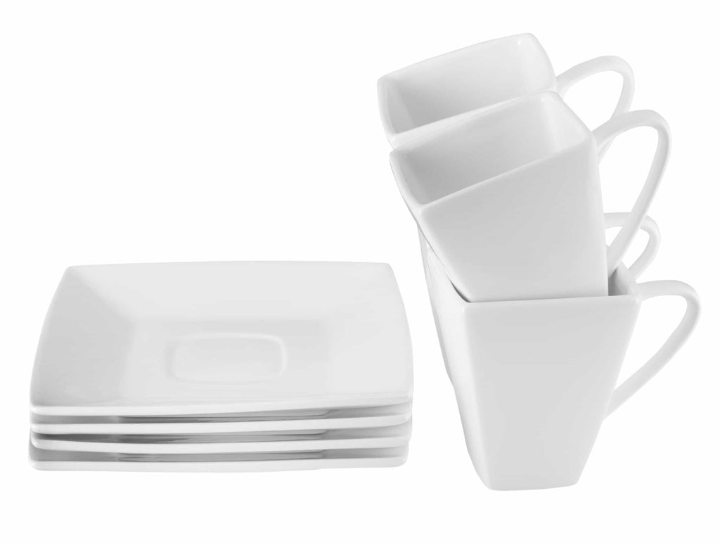 Stacked white square plates with multiple white mugs