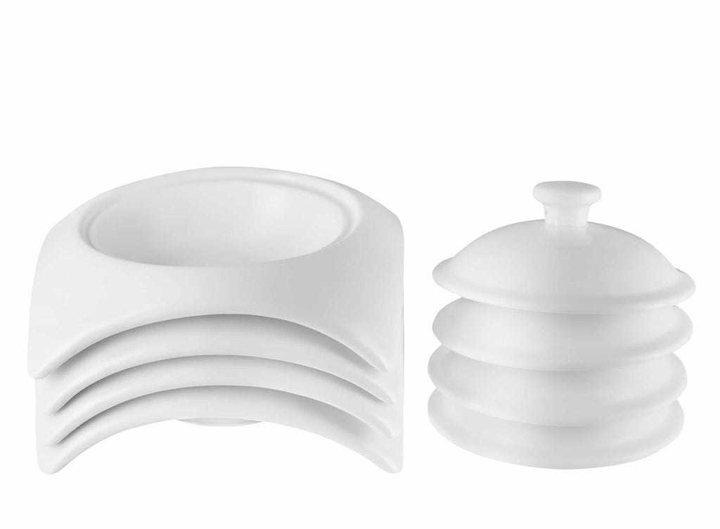 White square bowls with rounded rims and matching lidded container