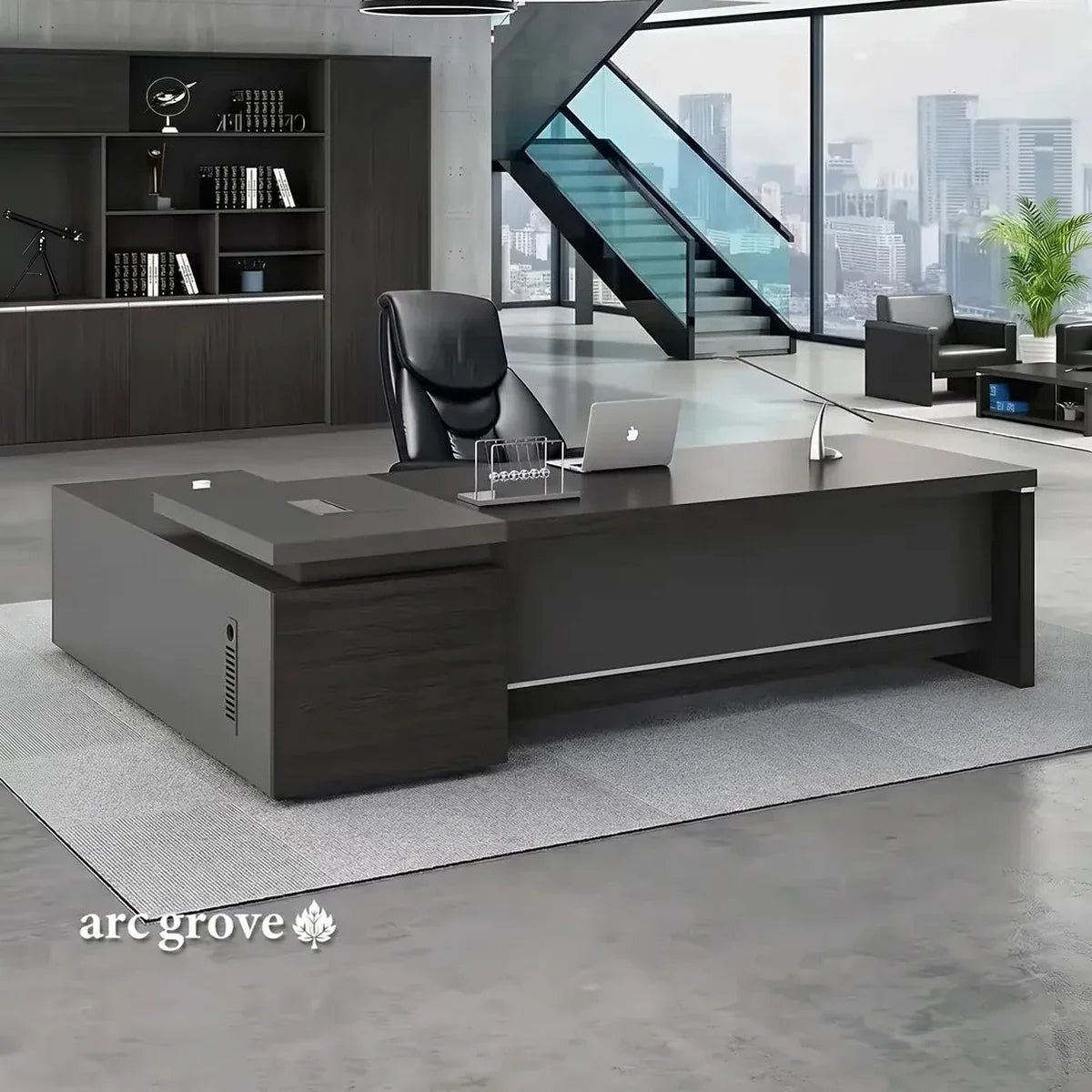L-shaped office desk with return, dark finish, built-in storage shelves and drawers