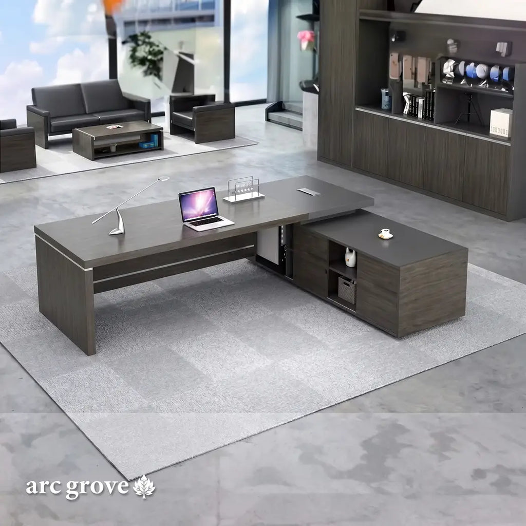 L-shaped executive desk with return, dark wood finish, side drawers and storage