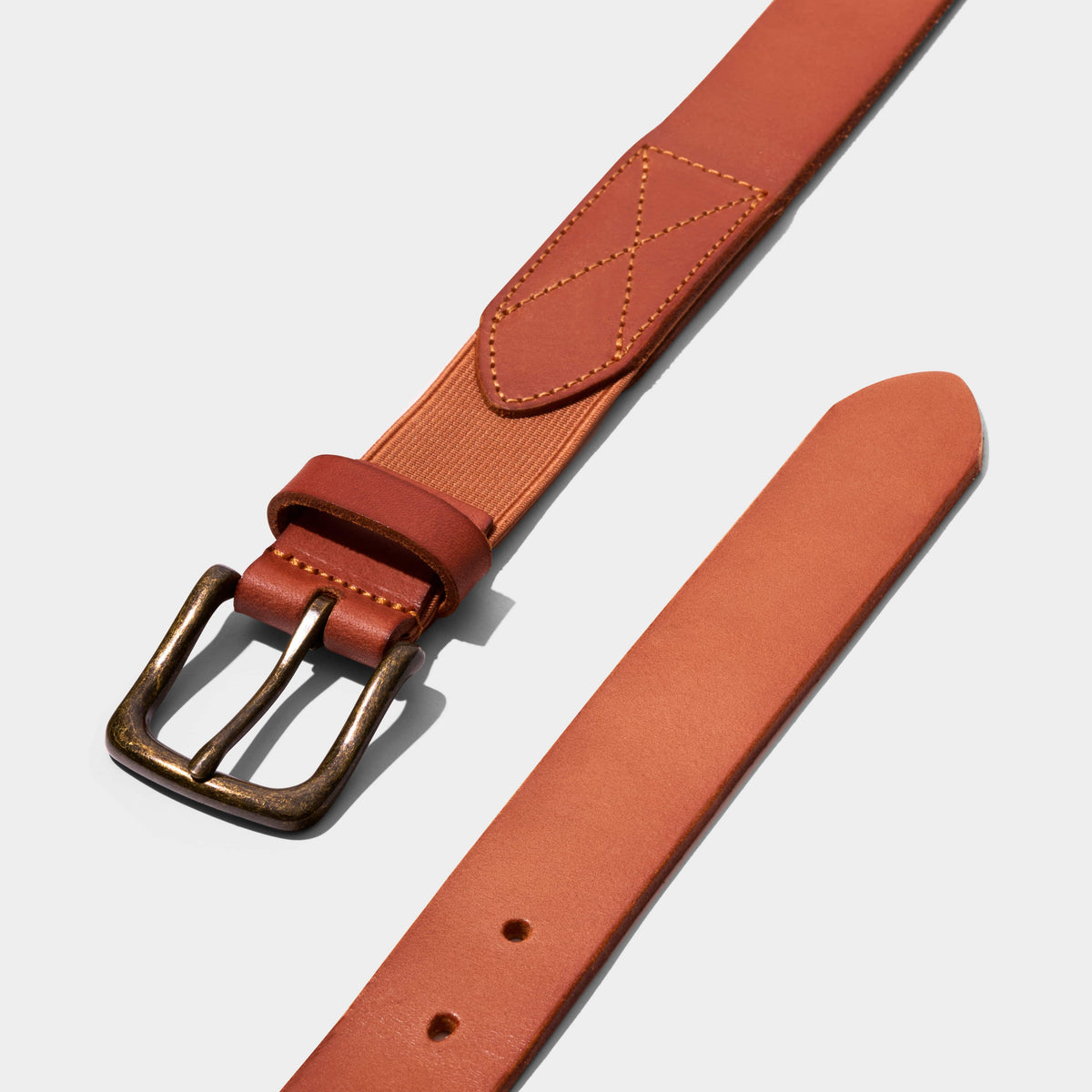 Brown leather stretch belt with square buckle and stitched end detail