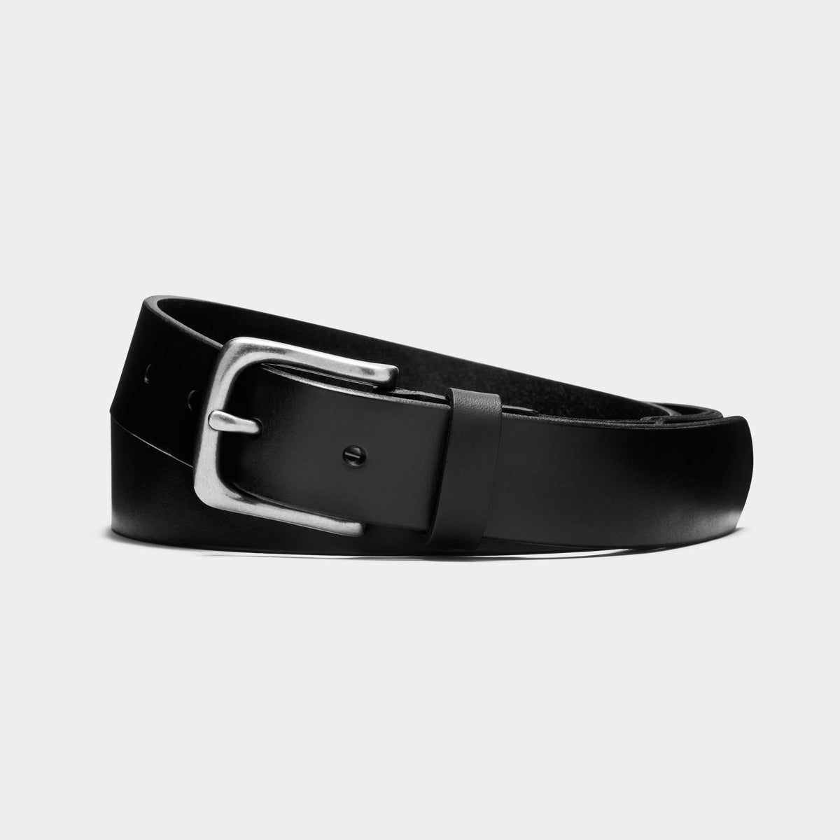 Black leather stretch belt with silver rectangular buckle and smooth strap