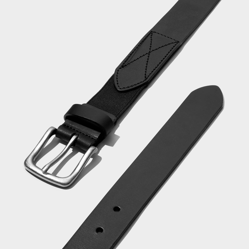 Black leather stretch belt with silver buckle and stitched end detail